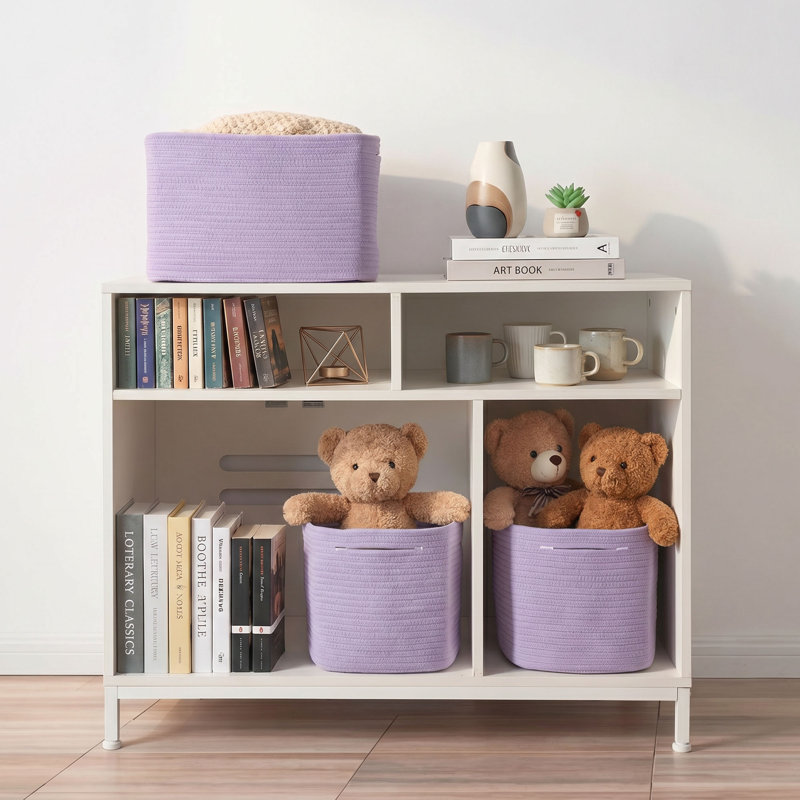  3-Piece Cotton Rope Storage Basket Set, Rectangular Woven Shelf Bins with Handles, Purple