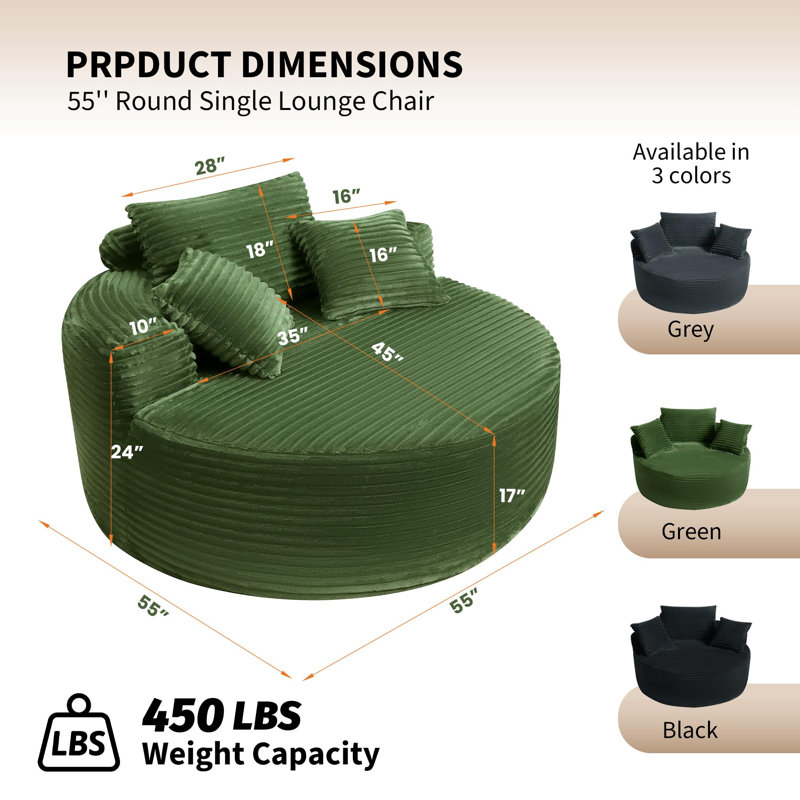 Méridienne de 55 po en velours côtelé profond, design ergonomique sans os avec 3 coussins, vert, Velours côtelé vert