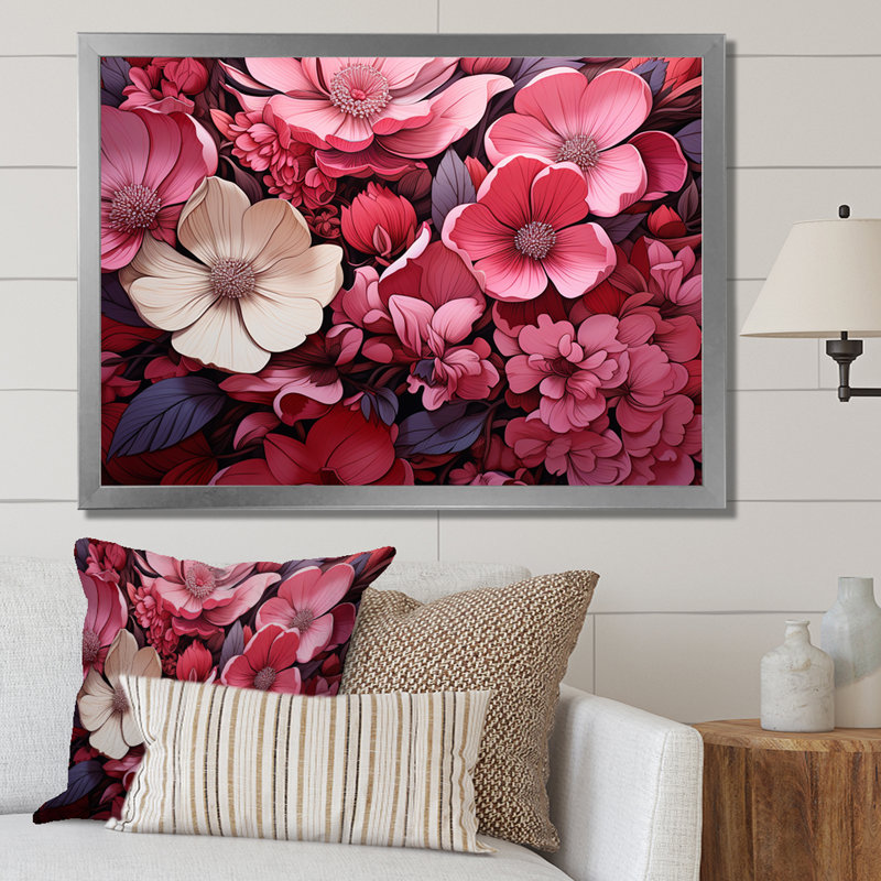 «Pink Twilight Poppies Glow Collage» - Art mural coquelicots, Cadre de coin argenté fermé, H 30 po x l 40 po x P 1,5 po