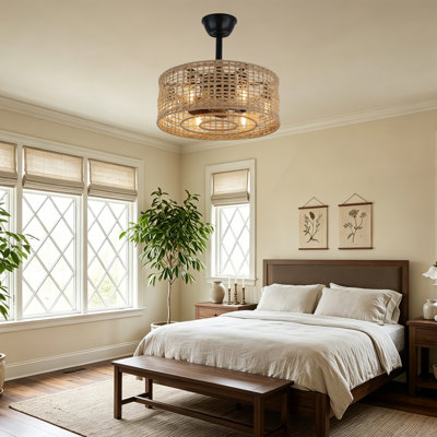 18" Boho Farmhouse Woven Hemp Rope Caged Ceiling Fan with Lights and Remote Control, 3 Speeds, 6-Light Fandelier for Bedroom, Living Room, Kitchen