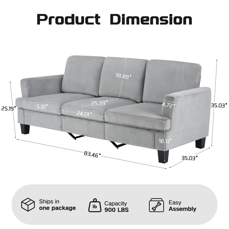 84'' Corduroy Upholstered 3-Seater Sofa Set of 2, Gray Corduroy