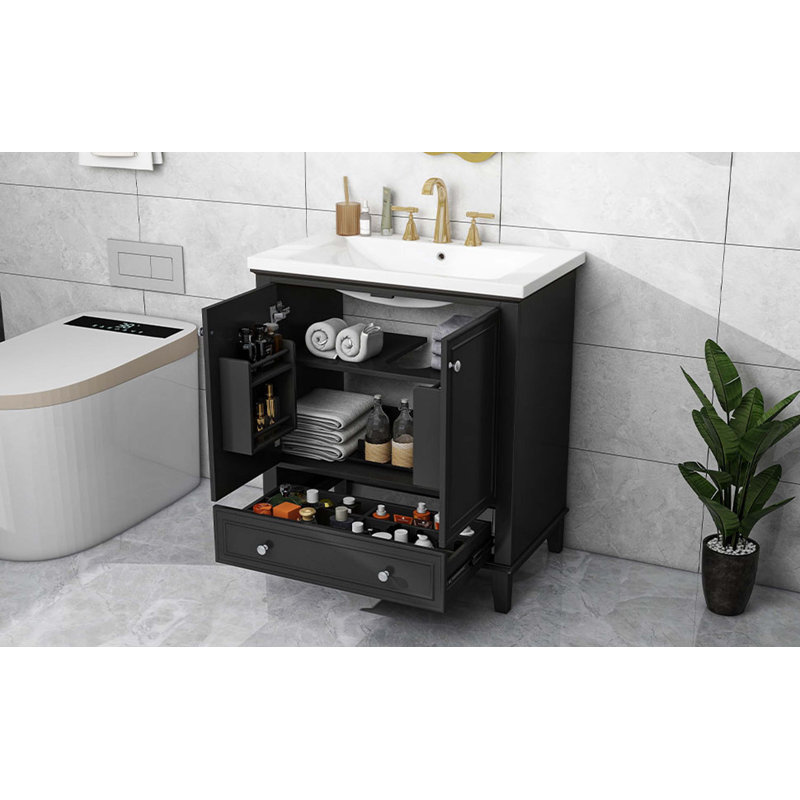 Meuble-lavabo multifonctionnel avec portes et tiroir 30 po, Noir, noir, noir, noir