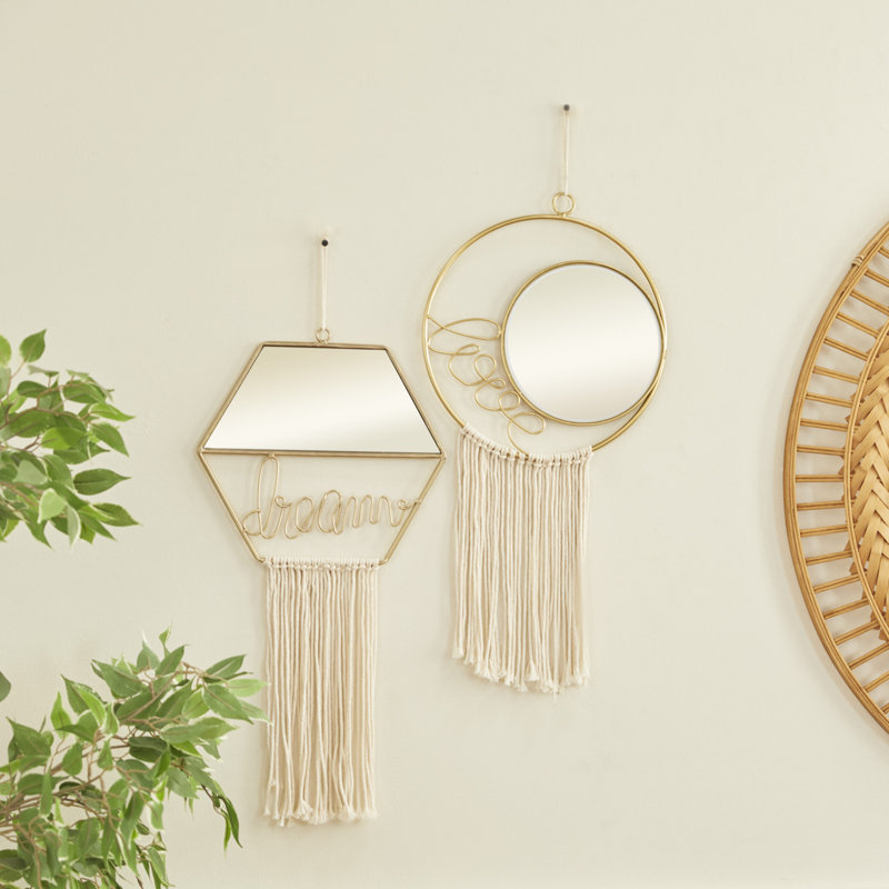 Gold Geometric Wall Mirrors with Fringe Tassels, Set of 2