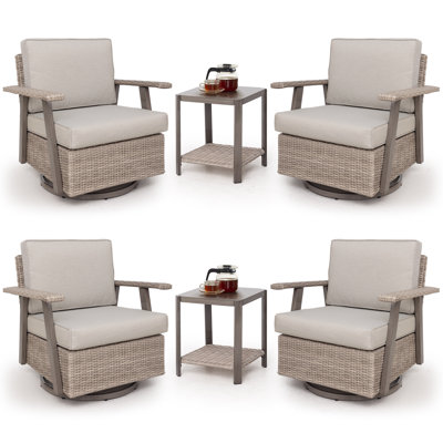  6-pieces 360 Degree Oversized Resin Wicker Outdoor Swivel Rocking Patio Chair With Table And Cushion