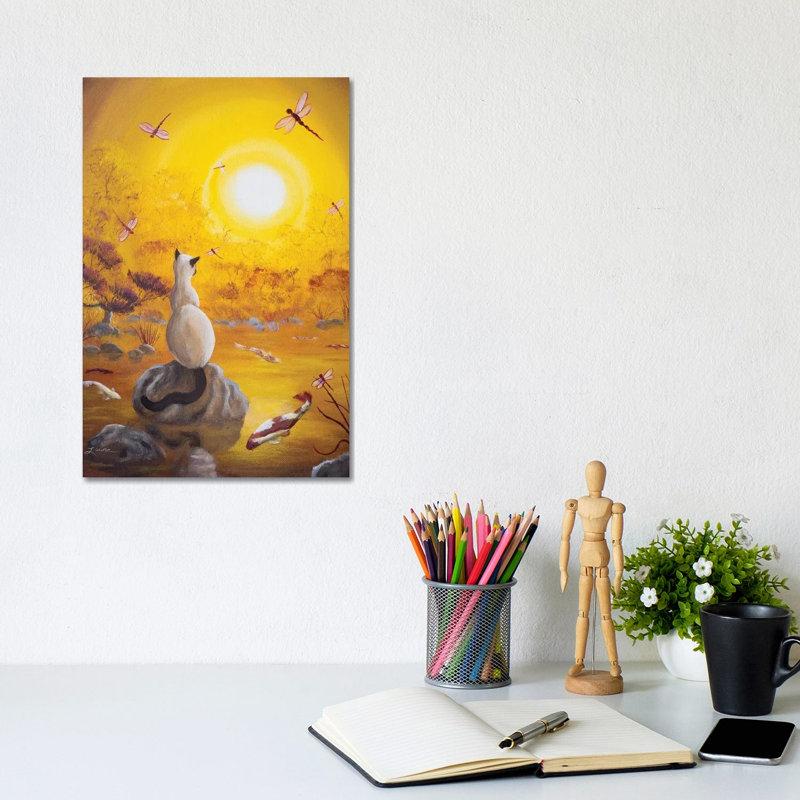 Siamese Cat With Dancing Dragonflies 1 Piece Wrapped Canvas Wall Art, 20.32 cm H x 30.48 cm W