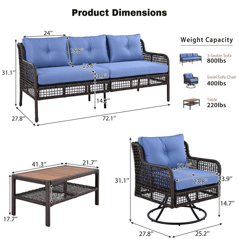 Ensemble de meubles de patio 4 pièces, Bleu, Brun