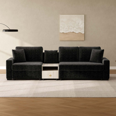 111.8" Modular 3-Seater Chenille Sofa With Storage Armrest & Center Console For Living Room