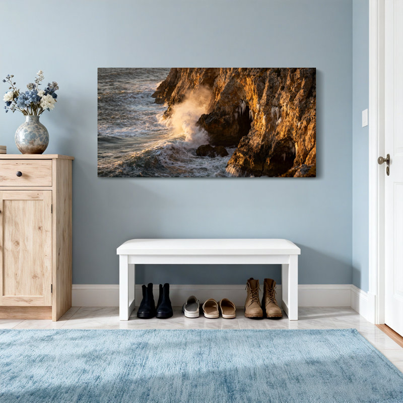 Paysage et nature: les vagues de l'océan se brisent contre une falaise rocheuse, H 24 po x l 48 po