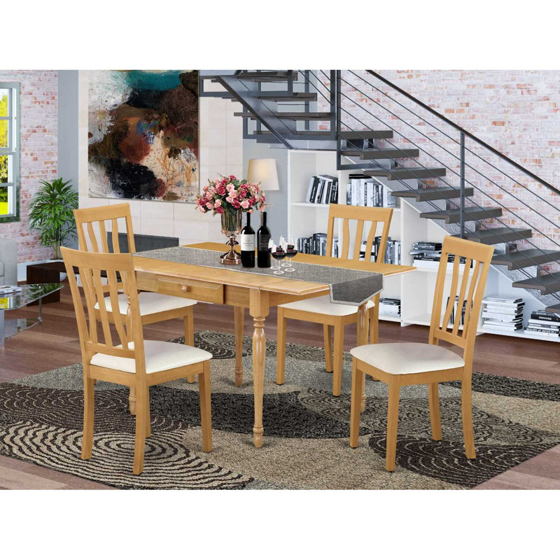 Natural Brown Oak Finish Solid Wood Top with Dropleaf Dining Table Set, 5