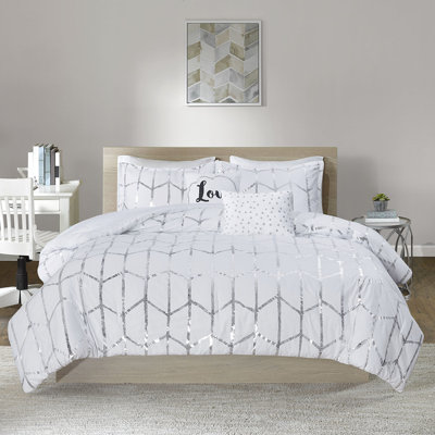Housse et courtepointe à imprimé métallique complet - géométrique argenté sur fond blanc, microfibre, 2 taies décoratives, coussins décoratifs, avant-gardiste complet avec coussins,