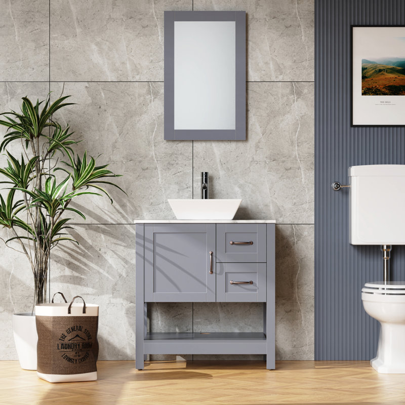 30" Dark Blue Bathroom Sink Vanity - Marble Pattern Top, Hinges, Tranquility Like Sea And With Chic Bronze Handle Scratch, Competitive Valued