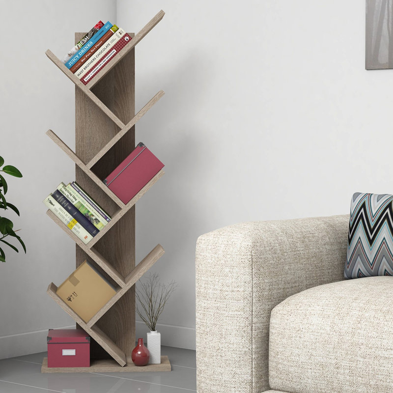 Modern Walnut Bookshelf, 46 x 50.6 x 8.7 Inches | 100% Melamine Coated Particle Board, Thickness: 0.7 Inches | Numerous Shelves, Wall-Mountable Design | Stylish Brown Finish for Home & Office Storage