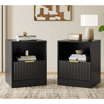 Fluted Nightstand With Drawer, Bedside Table With Open Shelf