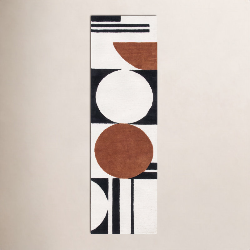 Tapis ivoire / noir / brun en laine fabriqué à la main Antoni, Tapis de couloir 2 pi 3 po x 10 pi