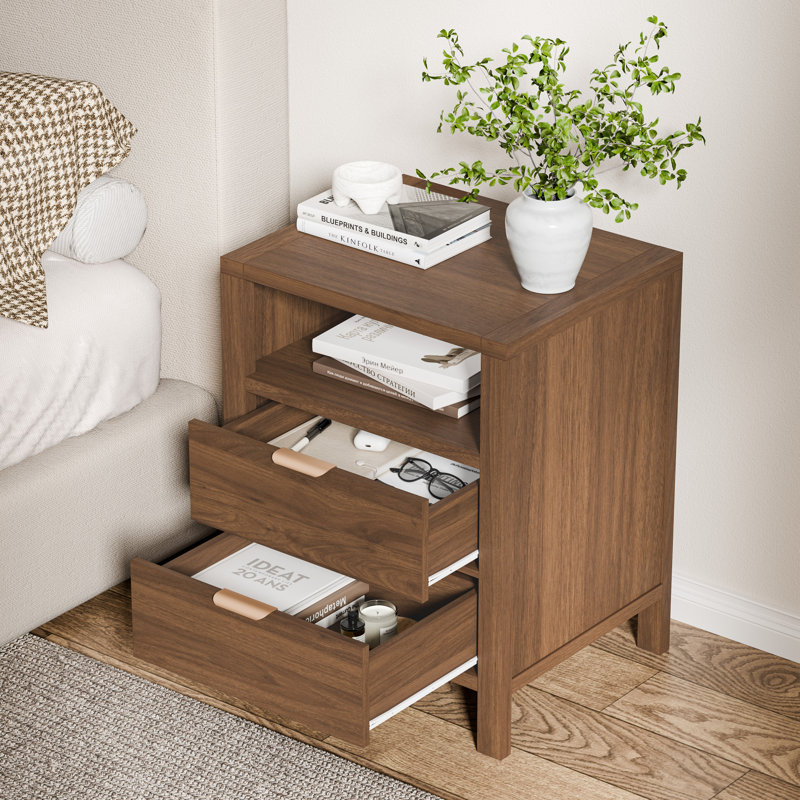 Cadre de lit tête de lit tapissier à oreilles avec table de chevet 2 tiroirs Horst, 26.38" H X 20.87" W X 17.32" D, Walnut