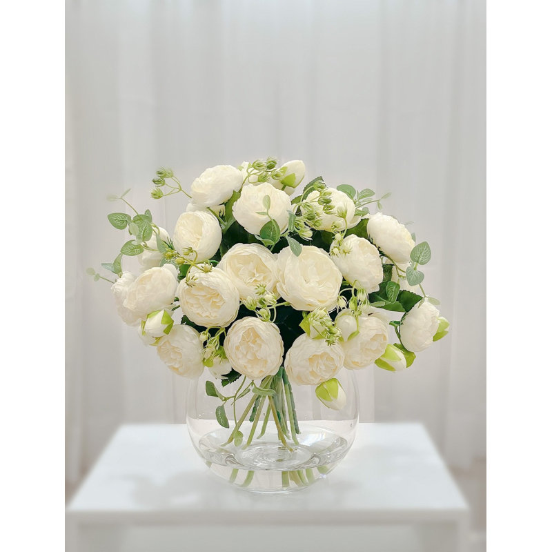 White Peony Faux Centerpiece In Glass Vase, White