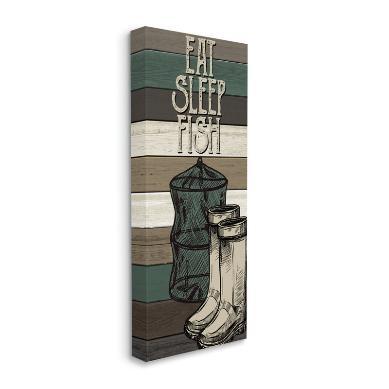 «Eat Sleep Fish», pêche, bottes et filet surdimensionnés, art numérique sur estampe numérique par Kim Allen, Toile tendue