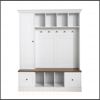62.2''W Farmhouse Hall Tree with Shoe Storage Bench, Entryway Coat Rack with 5 Hooks, Adjustable Shelf Cabinet with Drawers for Hallway, Entryway, Liv
