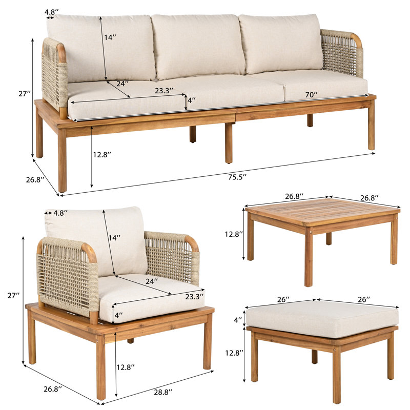  Ensemble de canapé d'extérieur 4 pièces en bois d'acacia et corde avec table basse, coussins beiges
