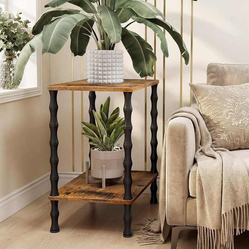 Wood Couch Side Table With Storage Shelf, 2-Tier Corner Nightstand For Small Spaces, Bedroom, Living Room, Or Couch Use, Brown Finish