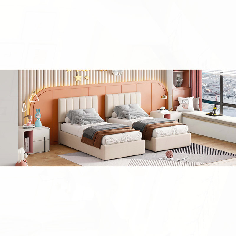 Très grand lit plateforme tapissier avec rangement hydraulique, Beige