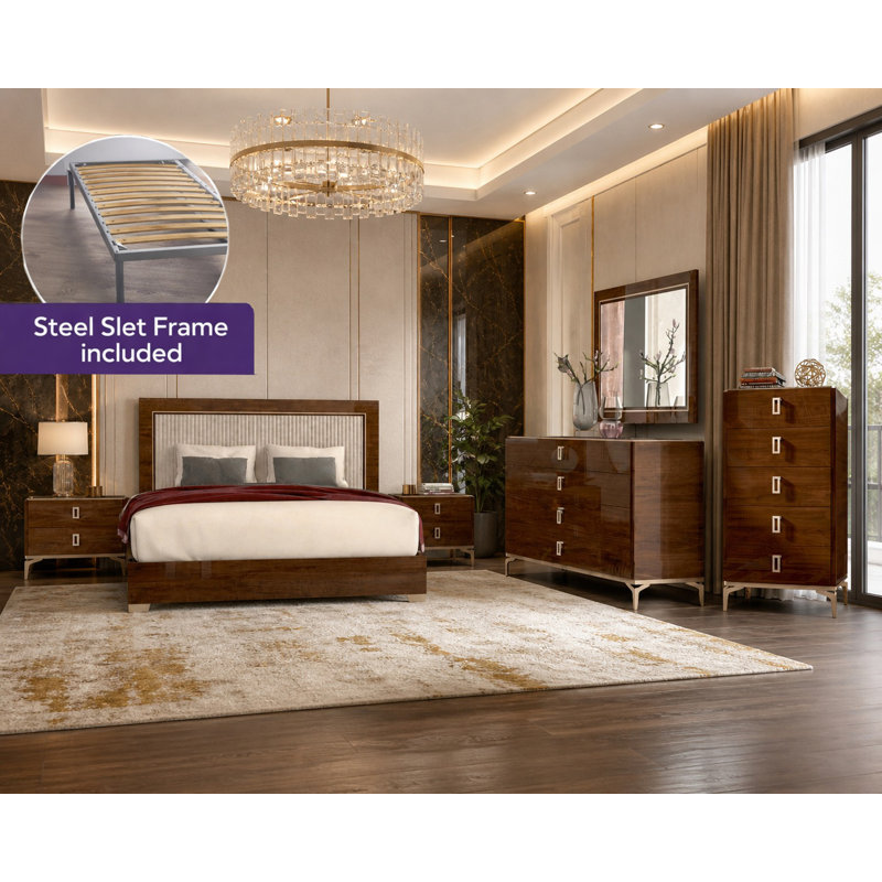 Springville Valencia Bedroom Set With Camel Frame, Queen, 6 Pcs: Bed, 2 Dressers, Mirror, 2 Nightstands