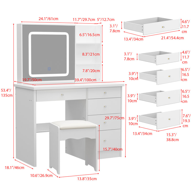 100cm Wide Dressing Table with Sliding 3-Colour LED Mirror & 5 Drawers - Compact Vanity with Stool, White