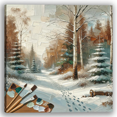 Artisanal Winter Trail: Palette Knife Birch Forest - Art mural sur toile tendue