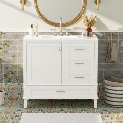 Meuble-lavabo moderne avec cadre en pin massif, 1 porte à fermeture douce et 3 tiroirs, armoire de rangement moderne