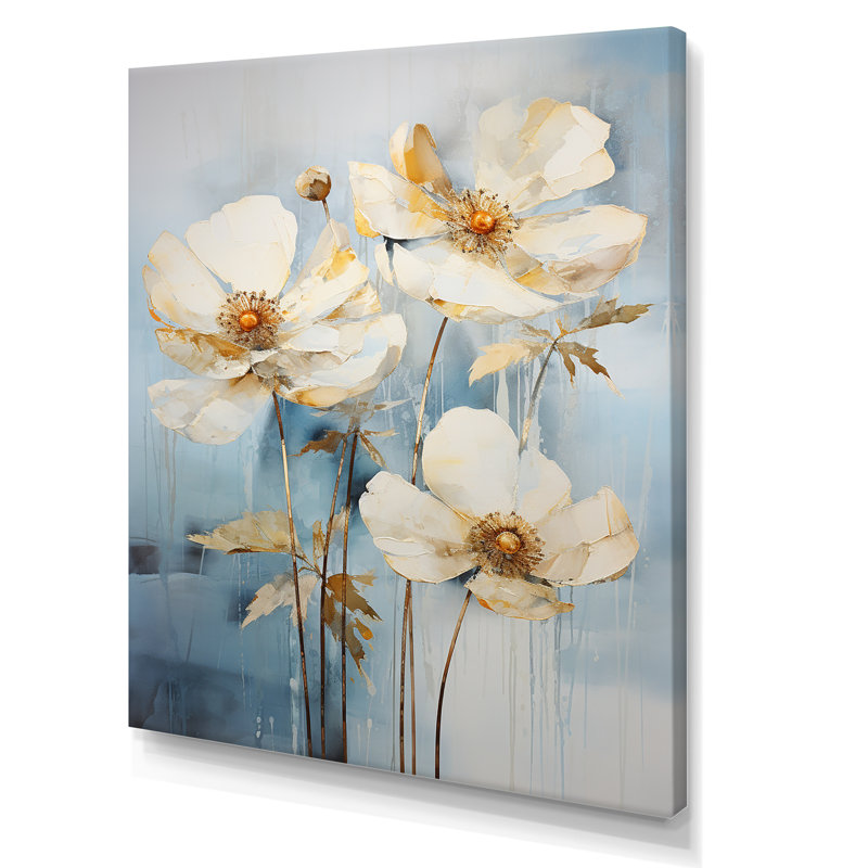 Minimalisme renoncules sur fond bleu sur toile, H 32 po x l 16 po x P 1 po, Toile tendue