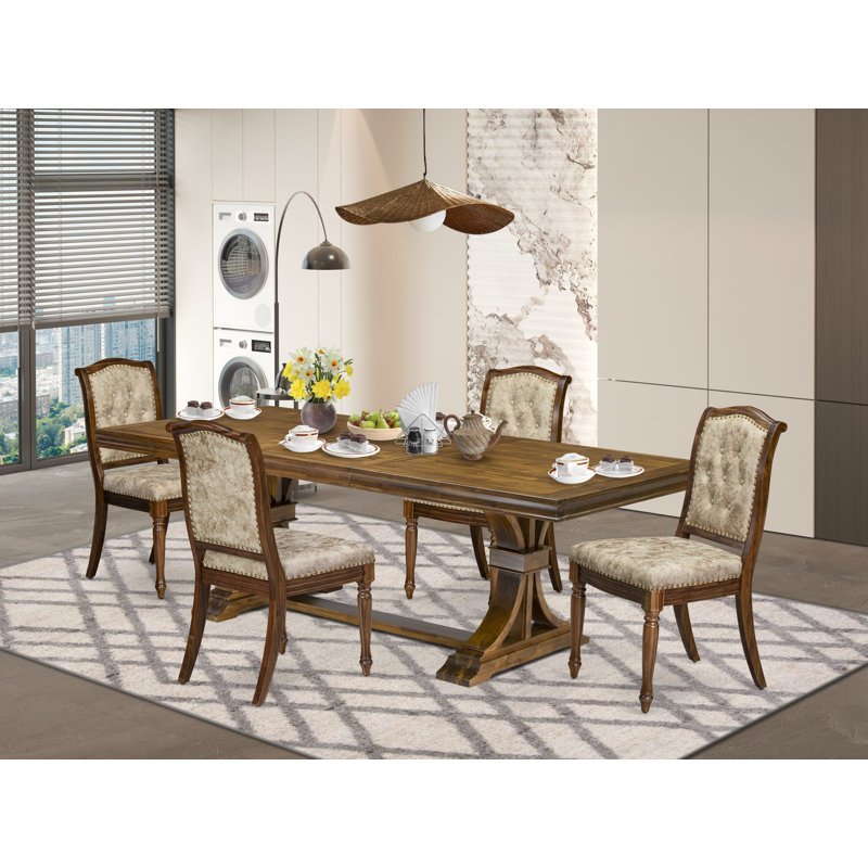 L'ensemble de salle à manger 5 pièces comprend une table de salle à manger rectangulaire moderne et 4 chaises de cuisine en cuir PU beige clair, finition noyer antique