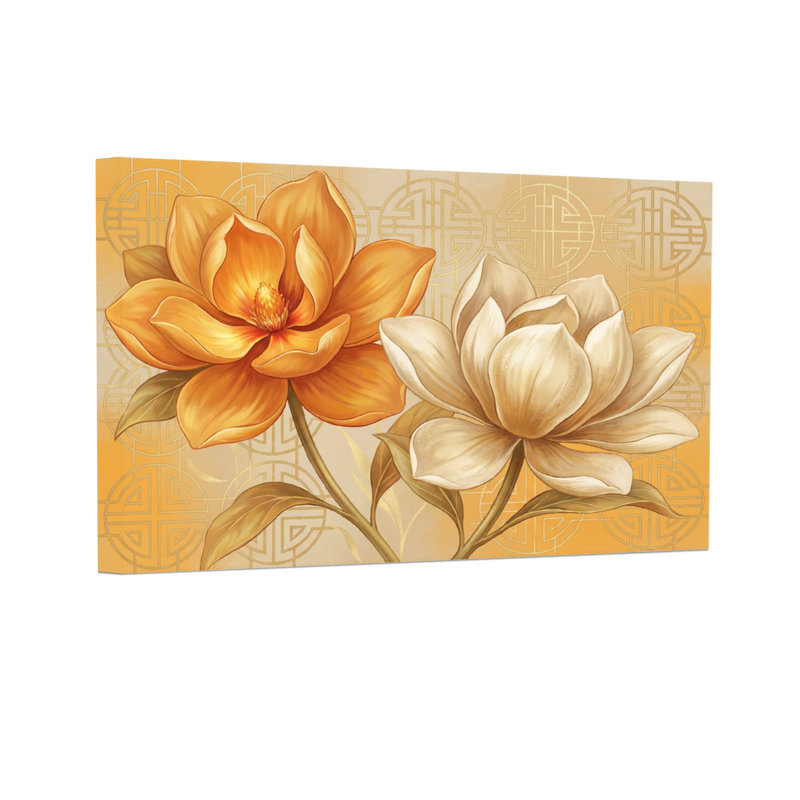 Plantes et fleurs Motif de fleurs de magnolia doré et crème, 12” H x 18” W