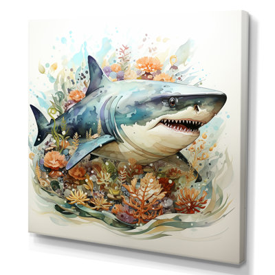 «Curious Shark Ocean Blooms I» - art mural requin