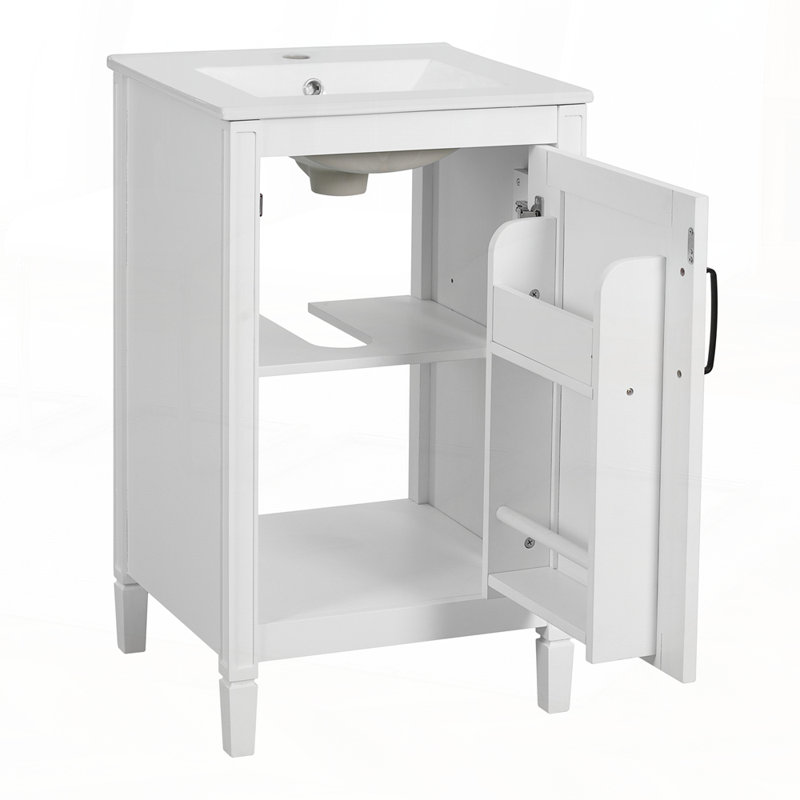 Meuble-lavabo compact avec lavabo en céramique et fabrication en bois massif pour petits espaces, Blanc