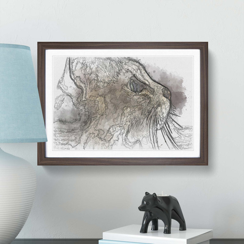 Curious Cat in Abstract - Picture Frame Graphic Art Print, Walnut Framed, 27cm H x 36cm W x 2cm D
