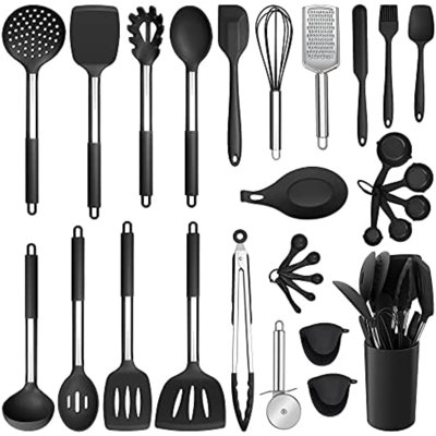 Silicone Cooking Utensils Set, 30-Piece Black Kitchen Utensils Set | Heat Resistant Nonstick Cookware, Kitchen Tools Spatulas with Stainless Steel Handle, Spatulas Turner Tong Spoon Whisk Ladle