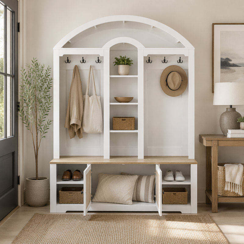Armoire / vestibule multifonctionnelle, vestibule, Blanc + noyer