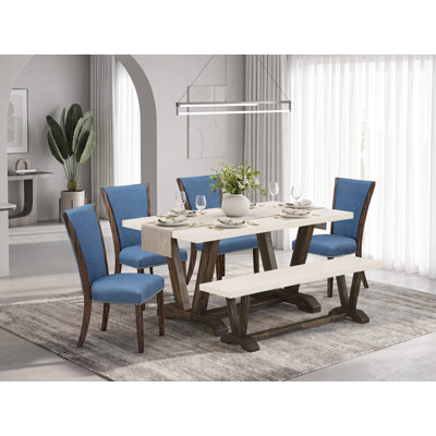 Ensemble de table 6 pièces - 4 chaises Parson en tissu de lin gris avec têtes de clou et table de salle à manger en bois - 1 banc de cuisine - brosse métallique.