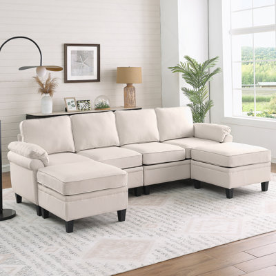 Canapé modulaire en chenille de 102 pouces beige, canapé en forme de L avec repose-pieds avec rangement, polyvalent pour les salons