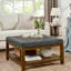Table basse en lin avec base en bois de hêtre stable, grande housse carrée au fini gris foncé-1803935567