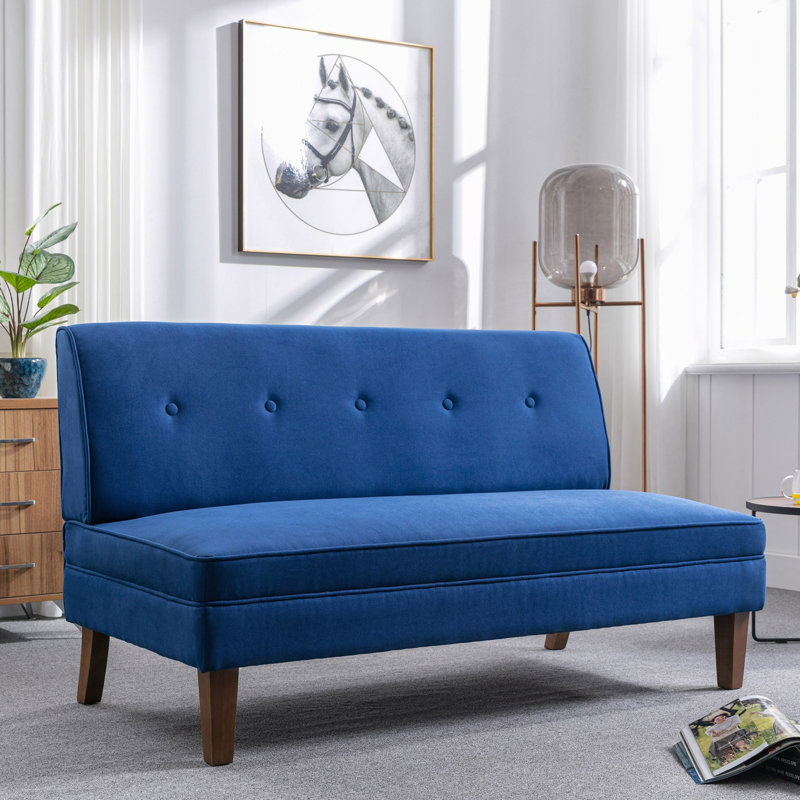 Causeuse en tissu d'ameublement avec pieds en bois d'hévéa 56,3 po Rockcrest, Mélange de polyester bleu