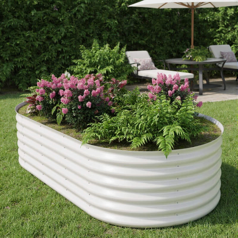 Galvanized Metal Oval Raised Garden Bed - Planter Box for Vegetables and Flowers, Beige, 5.52" H x 94.5" W x 29.14" D