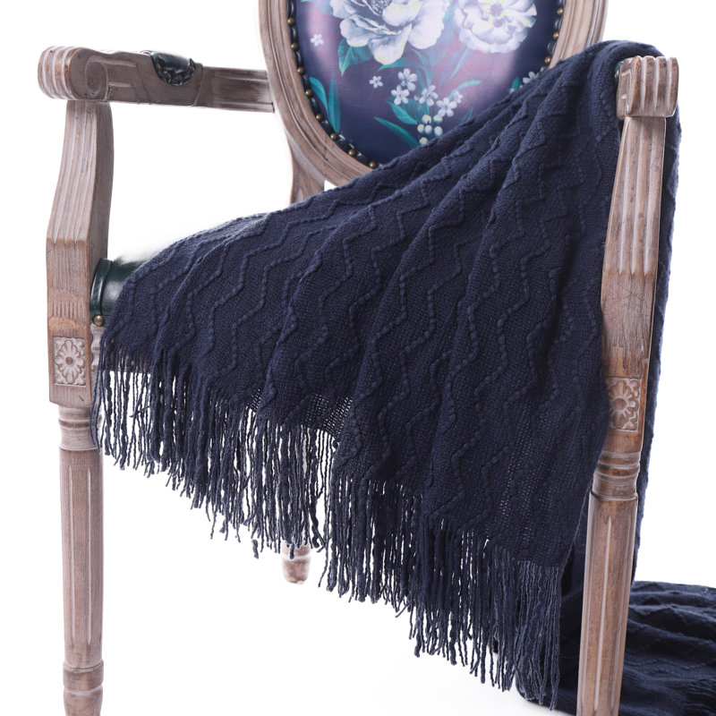 Navy Blue Knitted Wool Throw Blanket with Tassel Fringes, 50"x60"