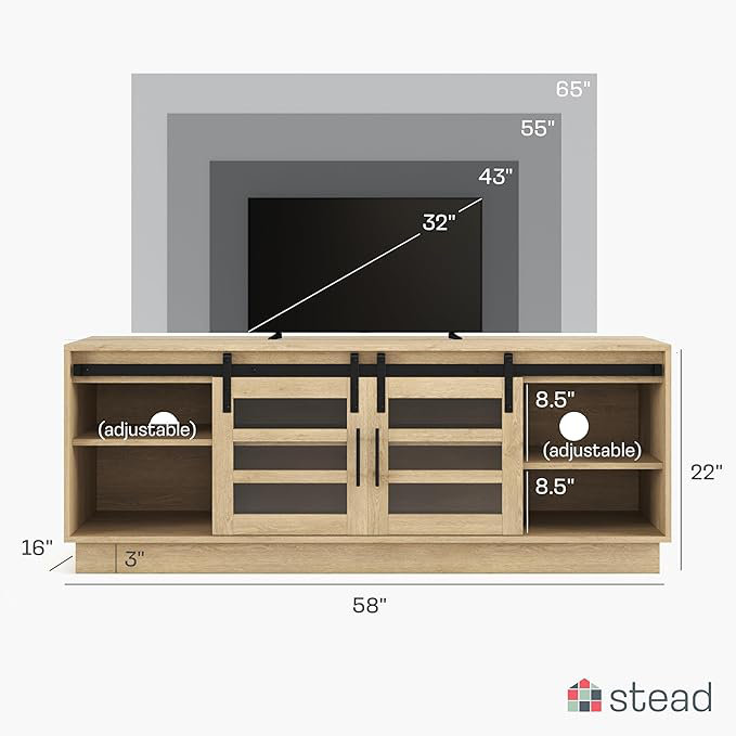 58" Modern Barn Door TV Stand, Oak Wood