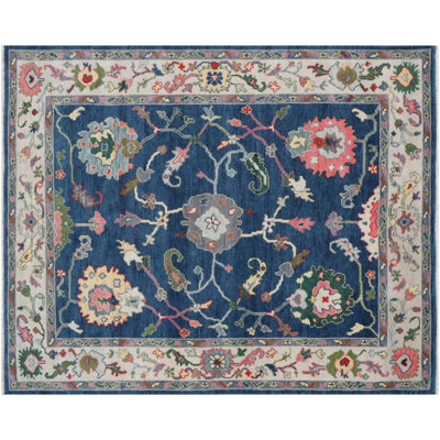 Tapis bleu marine en laine noué à la main Oushak - tapis traditionnel de style Oushak turc - tapis à médaillon floral rétro 