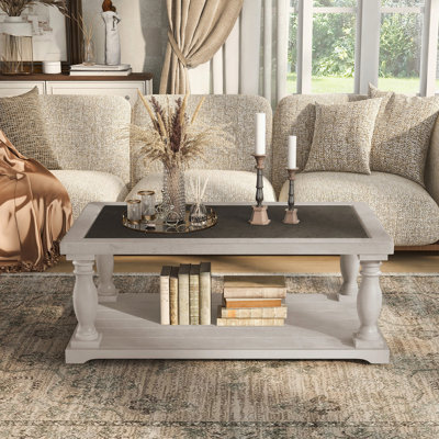 Farmhouse 2-Tier Wooden Coffee Table with Turned Solid Wood Legs