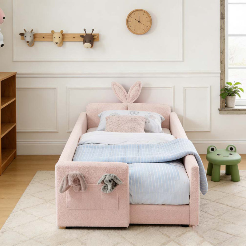Lit plateforme tapissier simple avec tête de lit en forme d'oreille de lapin, Rose