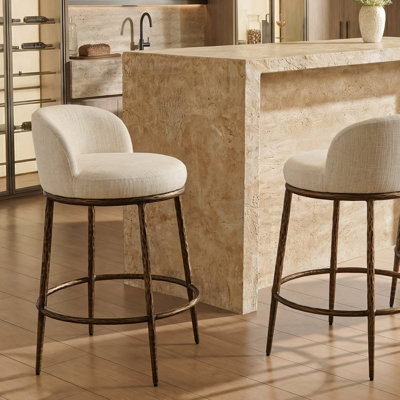  Gelder 26.5" Upholstered Counter Stool with Bronze Hammered Metal Legs & Curved Low Back for Kitchen Island