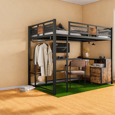 Lit mezzanine double compact avec bureau et rangement en métal, conception moderne pour la maison