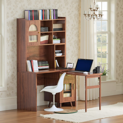 43x70 Inch Rotating Computer Desk with Storage Cabinets, Drawer, Shelves and 90° Swivel Extension by George Oliver